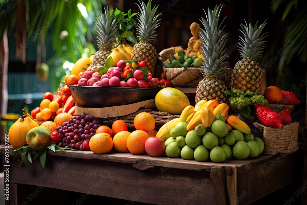 Colourful tropical fruit at market stall in a rustic display