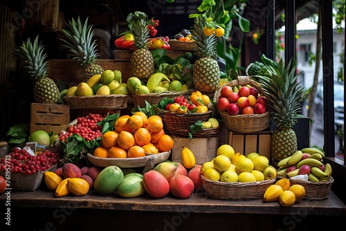 Colourful tropical fruit at market stall in a rustic display