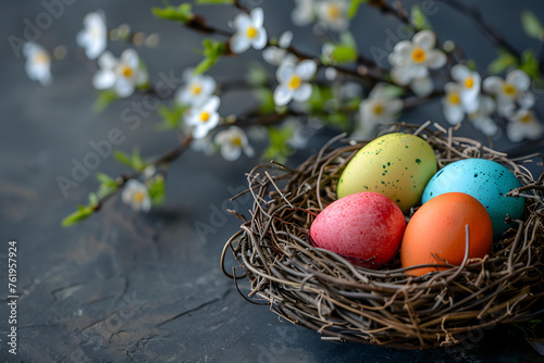 Colorful Easter nest with Easter eggs, a festive decoration for the holiday celebration