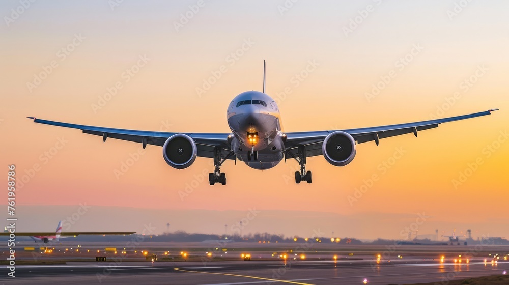 airplane landing at sunset