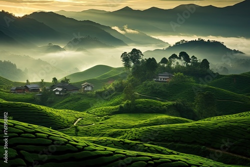 Misty morning at Highlands tea plantation overlooking layered hills