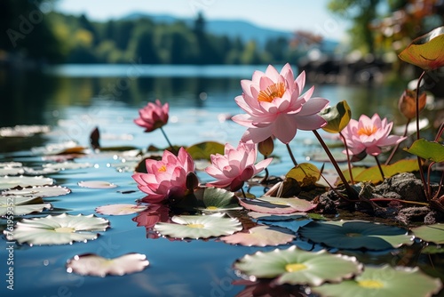 Group of pink water lilies on lake surface, creating a serene natural landscape