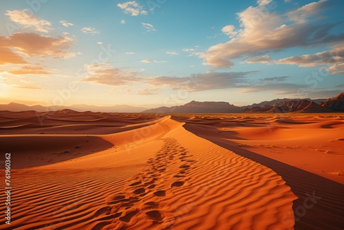 Footprints in sand dot the desert landscape under the clear blue sky