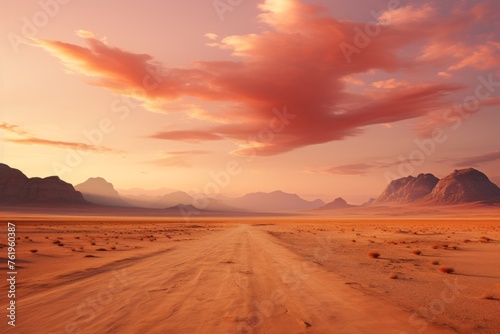 A desert dirt road at sunset with mountains silhouetted against the colorful sky
