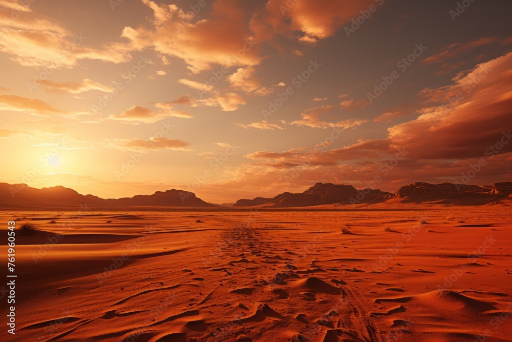 Obraz premium Sun setting over desert with mountains, afterglow in sky