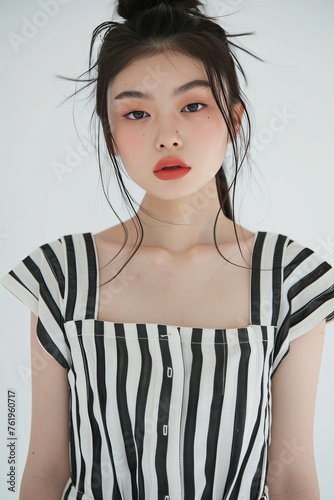 Portrait of a pretty young woman super model of Korean ethnicity wearing a striped linen jumpsuit with wide-leg pants and a square neckline, her hair styled in a high ponytail photo