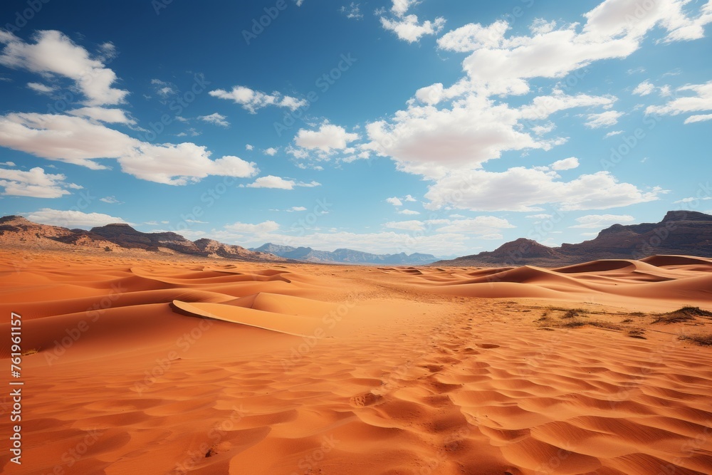 A desert landscape with mountains, blue sky, and fluffy clouds