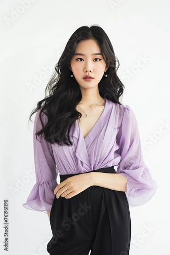 Portrait of a pretty young woman super model of Korean ethnicity donning a lavender chiffon blouse with bell sleeves, paired with high-waisted black trousers and pointed-toe flats photo