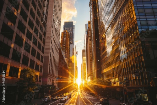 Walk down a bustling city street lined with skyscrapers reaching for the sky, each one reflecting the golden hues of the setting sun, Generative AI