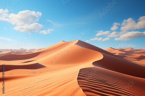 Sand dunes rise against a blue sky in the desert landscape