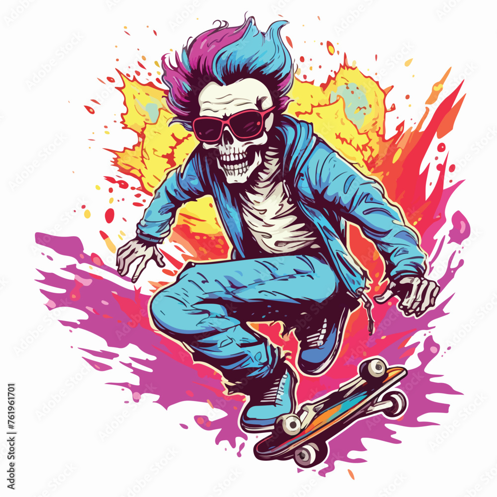 Trendy explode skull head riding skateboard illustr