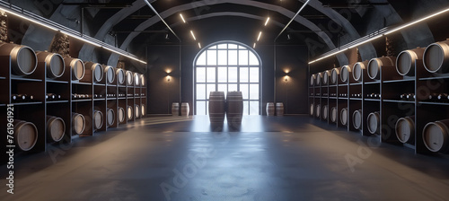 Modern wine cellar with wooden barrels in winery industry environment
