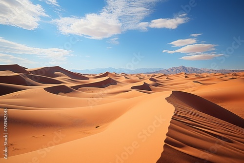 A brown desert with sand dunes, mountains, and a cloudy sky