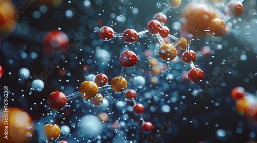 Close-Up 3D Rendering of Molecular Chemical Bonds with Water Droplets