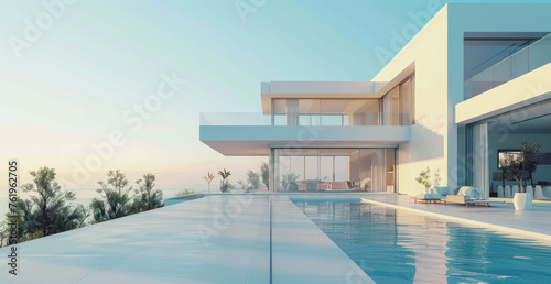 3D rendering of a modern house with a garden and swimming pool near the beach © Kien