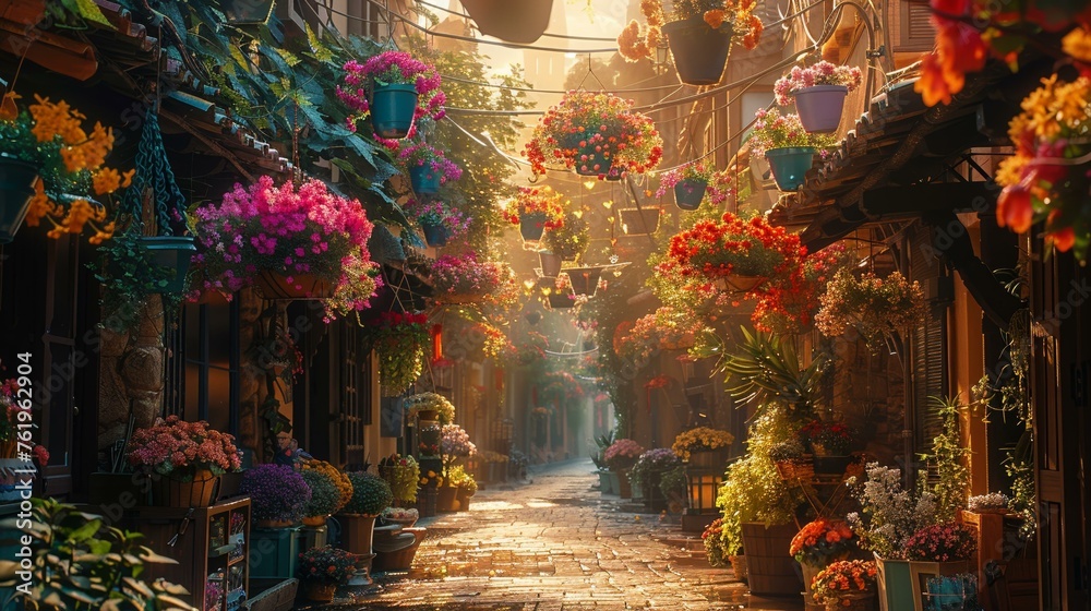 Fototapeta premium A vibrant market street adorned with hanging flower baskets, bursting with life and color