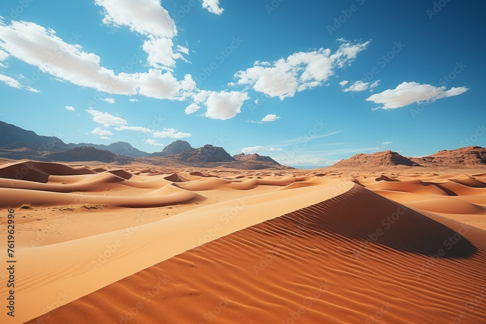 Sand dunes in the desert with mountains as a backdrop