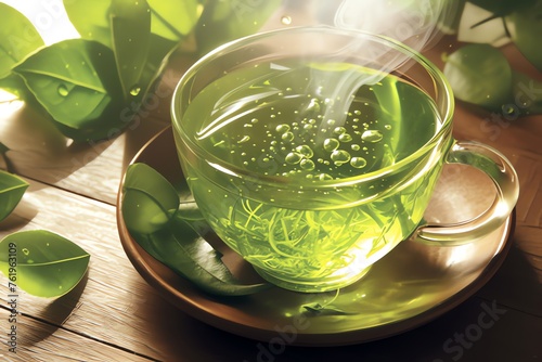 Cup of Green Tea on wooden table