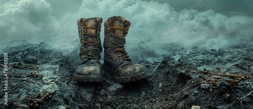 A pair of discarded boots, standing at the edge of a bomb crater, the owner nowhere to be seen photo