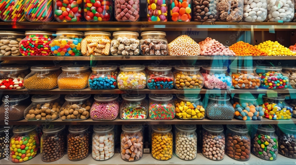 A Colorful display of various sweets and treats on the shelves of a traditional candy store. A Colorful display of various sweets and treats on the shelves of a traditional candy store.