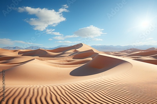 A desert landscape with sand dunes  mountains  and a clear blue sky