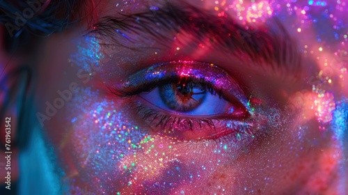 Female brown eyes in neon light. Young sexy girl in a nightclub. Macro look of the human eye. Fashionable glitter makeup on the face. Shining sparkles. Pink-blue-green color and new light, euphoria