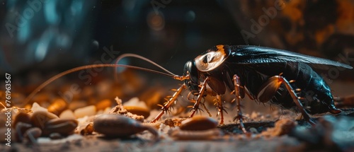 A close-up of a cockroach scavenging on leftovers in a dark and moody kitchen setting.