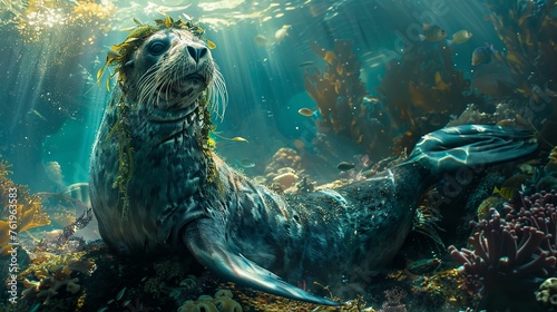 A majestic sea lion crowned in seaweed  ruling over a coral throne