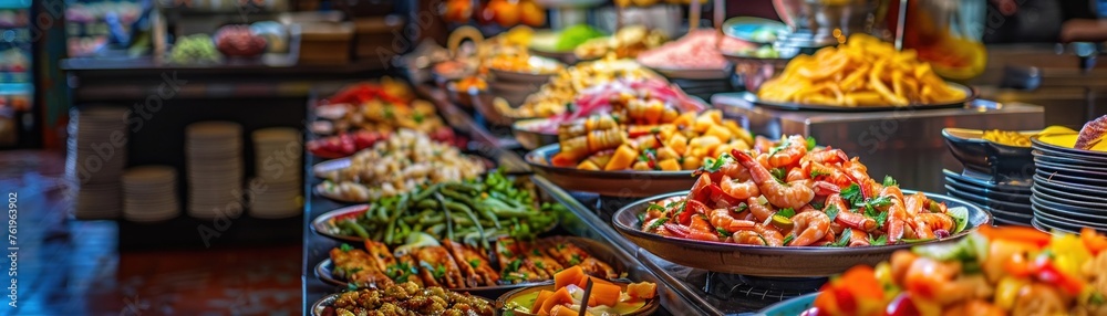 A Panoramic view showcasing a wide array of international cuisine in a vibrant A Panoramic view showcasing a wide array of international cuisine in a vibrant