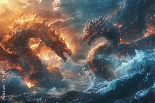 A fantastical battle between fire-breathing dragons and water-wielding leviathans above the sea