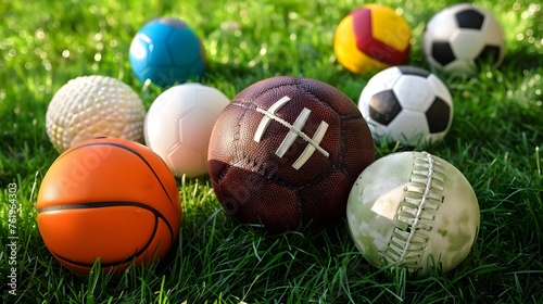 Assortment of sport balls on green grass