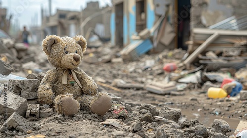 A child's toy lying amidst the rubble of a destroyed home, a poignant reminder of war's innocent victims photo