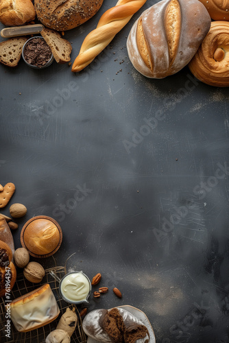 Assortment of fresh baked bakery products on blackboard with copyspace, top view