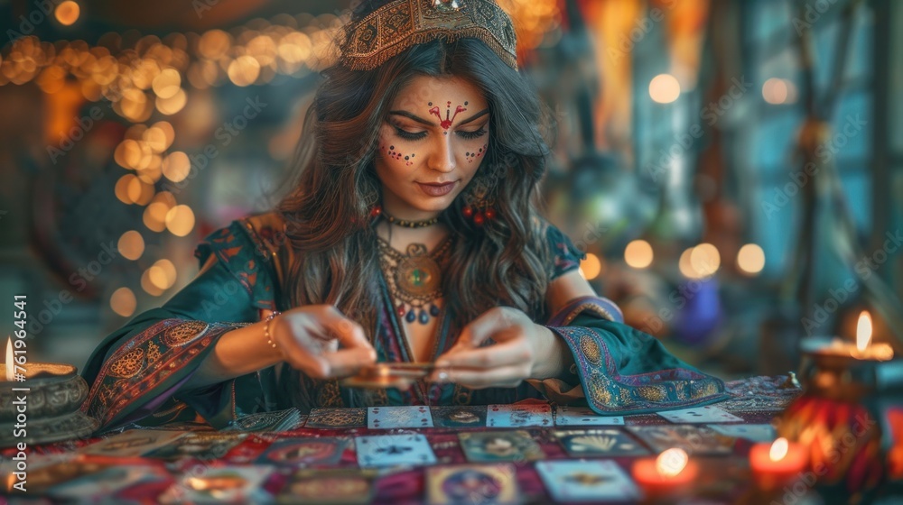 Female enchantress spreading tarot cards at table - obrazy, fototapety, plakaty 