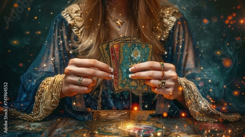 Female enchantress spreading tarot cards at table photo