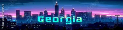Georgia Text in Neon over Atlanta City Skyline at Dusk with Purple Skies