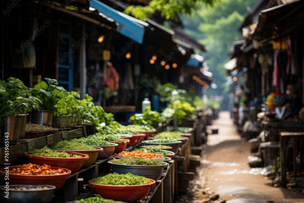 Bowls of vegetables displayed on a market sidewalk, showcasing natural foods