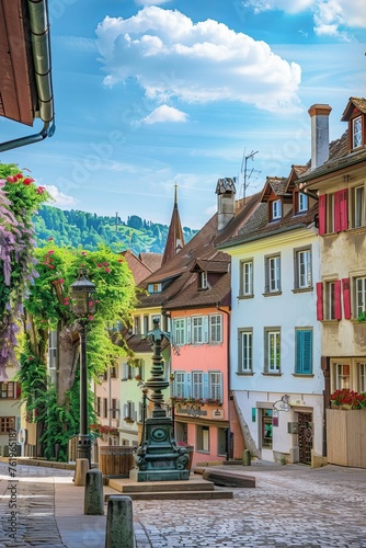 Explore the charm of a quaint European town square, surrounded by centuries-old buildings with colorful facades and cobblestone streets, Generative AI