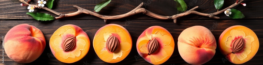 A row of halved peaches with pits aligned on a wooden surface, showcasing the juicy freshness of the fruit - obrazy, fototapety, plakaty 