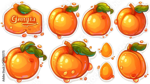 Georgia-themed glossy, cartoonish peaches in various stages of dripping juice, representing the state's famous fruit
