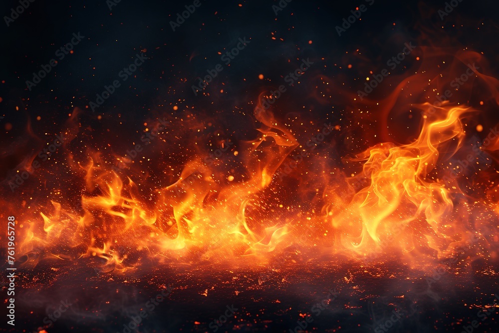Background with fire sparks, embers and smoke. Overlay effect of burn coal, grill, hell or bonfire with flame glow, flying orange sparkles and fog on black background, vector realistic illustration