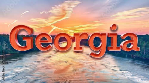 Vibrant Georgia 3D Text Displayed Over a Dramatic Sky at Sunset Along a Peaceful River