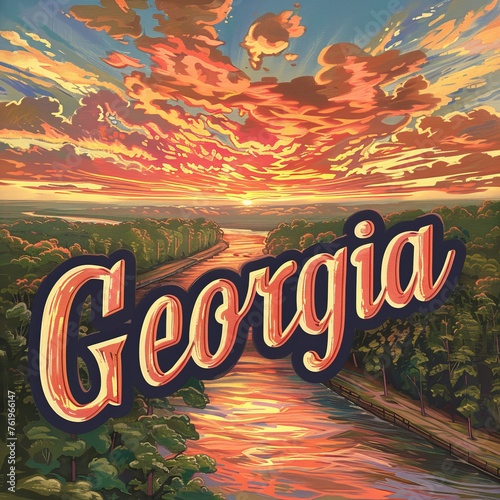 Artistic Georgia Text with Hand-Painted River and Sunset Scene in a Warm, Inviting Style