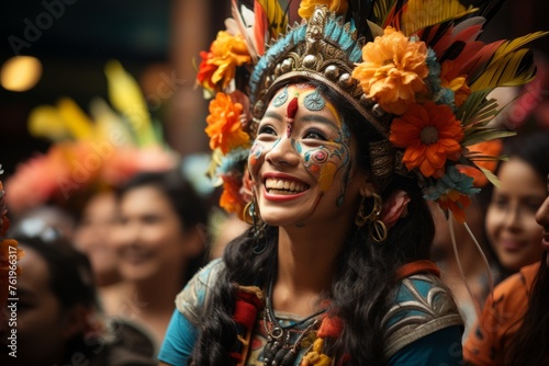 Happy woman in vibrant costume smiles at crowd during performing arts event