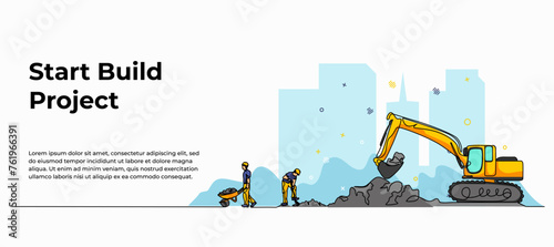 Vector illustration of excavator digs the ground. Modern flat in continuous line style.