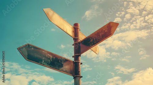 Blank directional road signs against blue sky. Black metal arrows on the signpost. Warm toned colors. Old style image
