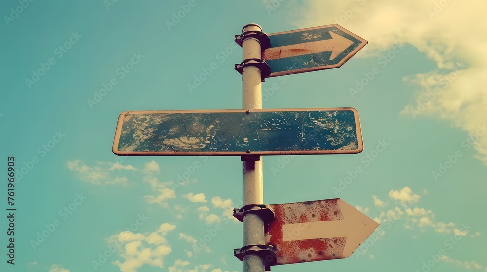 Fototapeta premium Blank directional road signs against blue sky. Black metal arrows on the signpost. Warm toned colors. Old style image