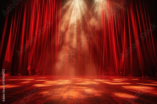 Closed red curtain of stage in spotlight before show.