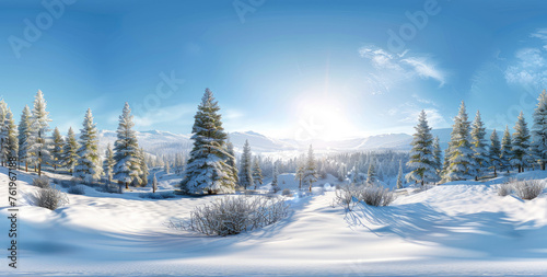 panorama of a beautiful snow covered pine forest in the distance  snow covered hills with trees and sunlight shining through  bright blue sky