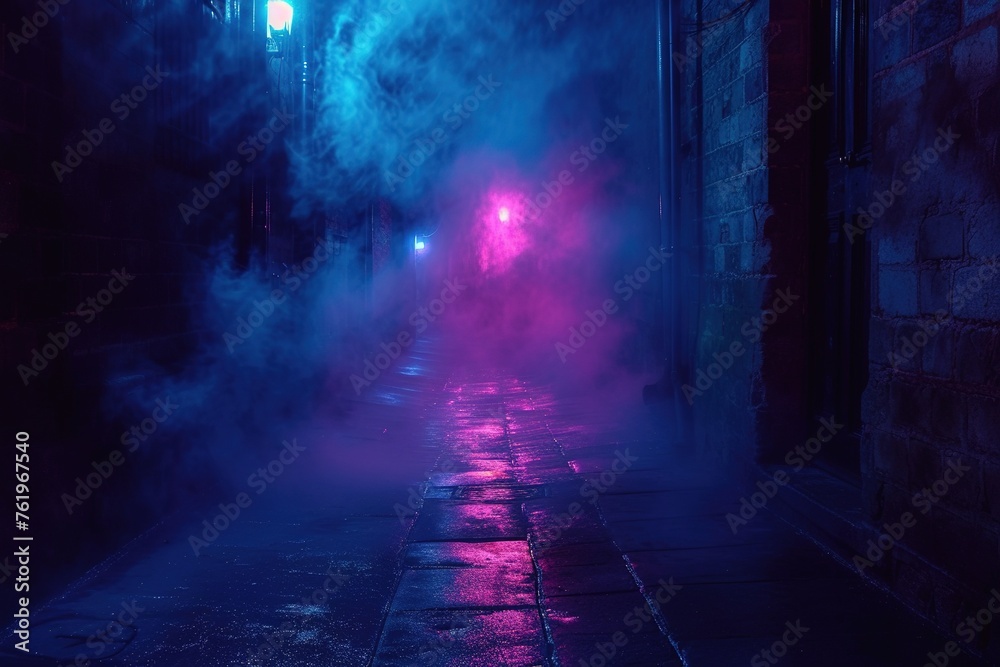 Dark street, night smog and smoke neon light. Dark background of the night city, ray of light in the dark. Gloomy dark background.